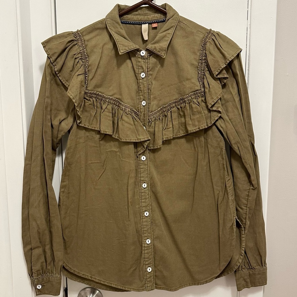 Anthropologie Pilcro Ruffle ButtonUp Long Sleeve Shirt XS Top Olive Green Cotton
